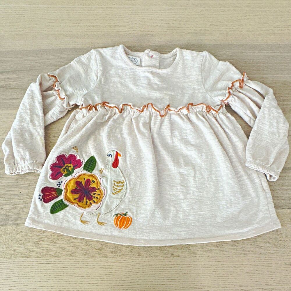 Mud Pie Girls 4T Ivory Long Sleeve Ruffle Tunic Top Embroidered Turkey